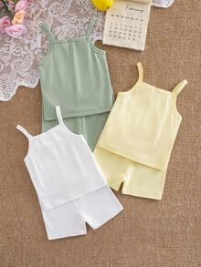6件套少女吊带短裤，针织提花蕾丝边休闲时尚粉色、白色、黄色内衣套装，春夏款 - 彩色 - 查看 2