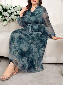 Reflora 大码极简印花薄纱长袖连衣裙 - 藍色 - 查看 6