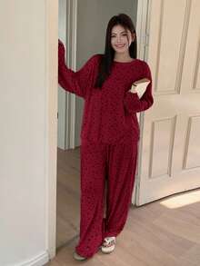 Dazy Plus 2pcs Plus Size Women Elegant Ditsy Floral Loose Pajama Set, Includes Top And Pants, Suitable For Spring, Summer, Autumn - Red - View 7