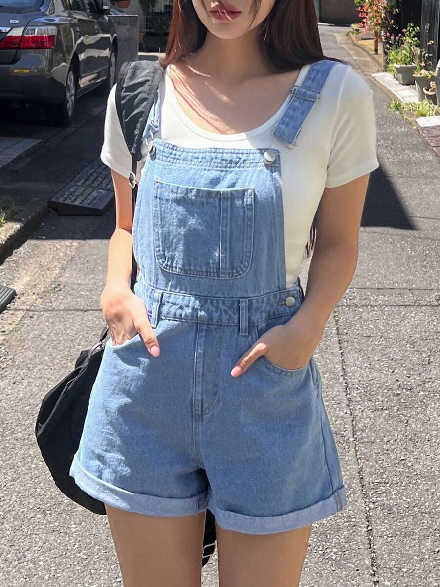 少女蓝色牛仔背带短裤 - 淺色水洗藍 - 查看 1