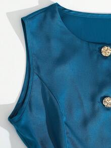 SHEIN Franclia 女士优雅通勤休闲办公套装，圆领无袖背心搭配荷叶边半裙，亮面缎面两件套，适合春夏穿着，正式办公着装 - 水鴨藍 - 查看 4