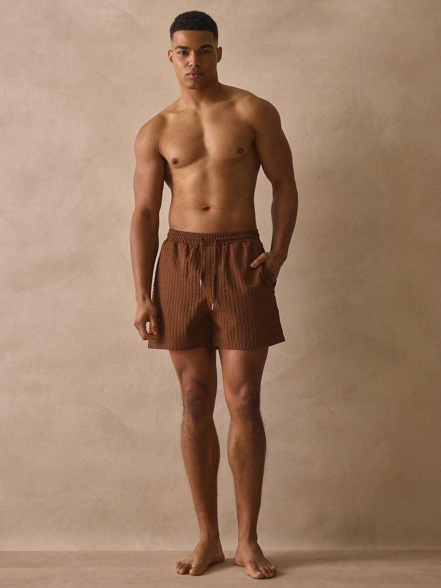 Musero 弹力抽绳腰带纹理泳裤，春夏度假必备，泳池边沙滩风。 - 棕色 - 查看 1