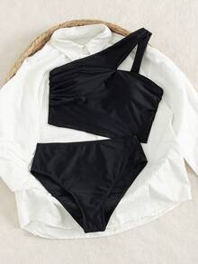 Swim Chiccia 女士纯色不对称肩吊带比基尼套装，夏季女士泳衣全包覆两件套 - 黑色 - 查看 6