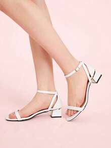 CUCCOO DOLLMOD 女士白色哑光绑带踝带粗跟低跟凉鞋，可爱日常甜美通勤约会时尚百搭 - 白色 - 查看 3