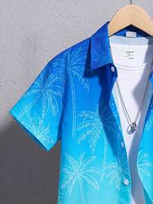 SHEIN 男童夏季休闲渐变棕榈树印花衬衫 - 藍色 - 查看 3