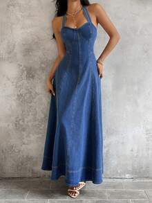 Sunnyshic Women's Casual Backless Halter Neck Denim Dress For Vacation - Blue - View 3