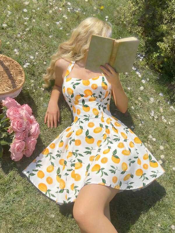 SHEIN MOD Vestido corto con estampado de limón dulce para mujer, vestido de vacaciones, vestido de primavera/verano, vestido de limón, estilo pastoril.