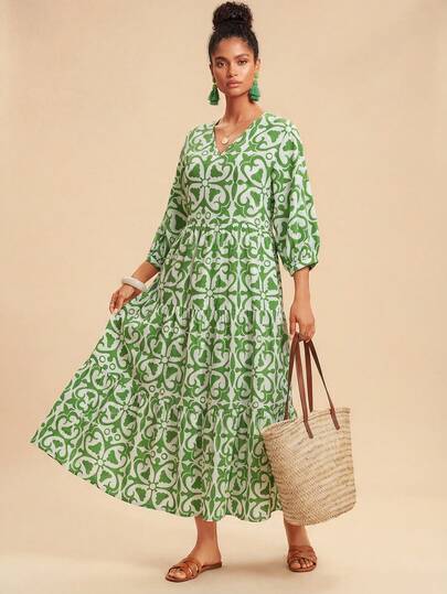 Travachic 女士印花V领灯笼袖休闲连衣裙