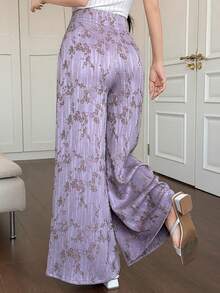 DAZY Women's Elegant Floral Print Wide Leg Maxi Pants, Spring/Summer - Purple - View 2
