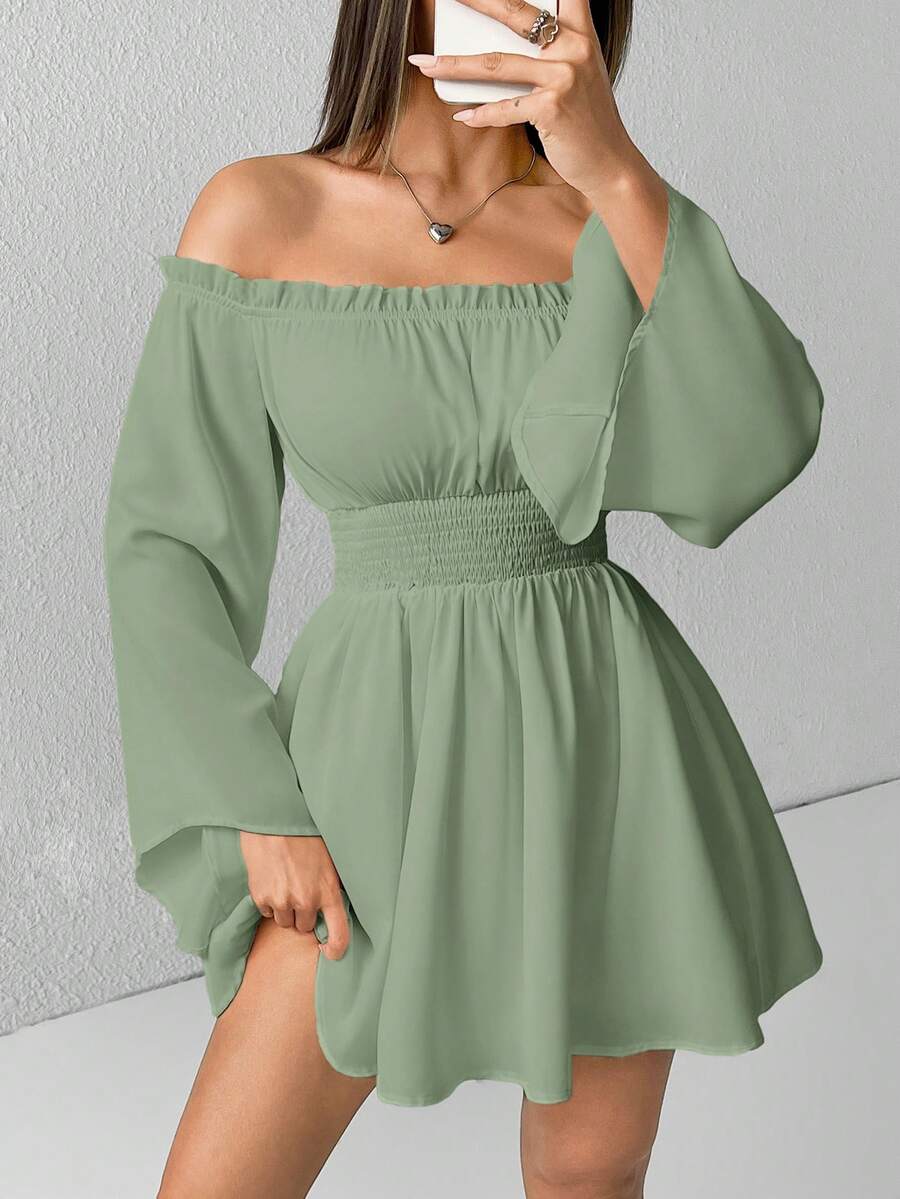 SHEIN PETITE Đầm trắng trễ vai, tay bồng xếp nếp, tay chuông - màu xanh lá - Xem 1