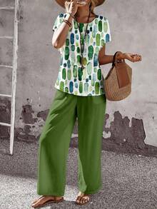 EMERY ROSE 2pcs/Set Women Casual Loose Fit Round Neck Top And Wide Leg Pants, Versatile Outfit For Spring/Autumn,Casual - Multicolor - View 4