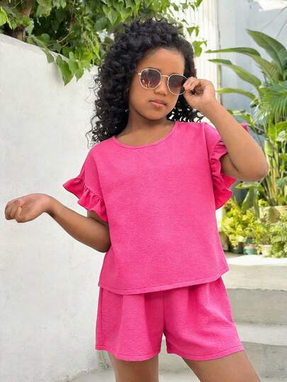 SHEIN 少女玫瑰红纯色休闲度假纹理短袖上衣搭配松紧腰短裤夏季休闲两件套，适合夏季穿着