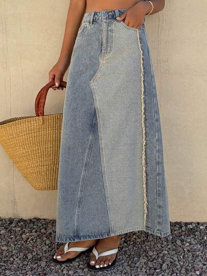 DAZY Patchwork Contrast Color Frayed Hem A-Line Maxi Denim Skirt, Casual Vacation Style For Women, Spring/Summer