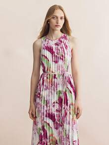 BizChic Floral Print Pleated Tie-Front Dress, Vintage French Elegant Business Formal Vacation Countryside Slouchy Luxury Dating Casual Holiday Halloween Back To School Party Birthday Wedding Guest Church Special Occasion Slimming Elegant Sexy Versatile Summer Autumn Commute Office Outing Beach Gathering Social Holiday Shopping Travel - Purple - View 7