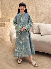 DAZY Tween Girl Bohemian Style Embroidered V-Neck Long Sleeve Loose Dress - Blue - View 5