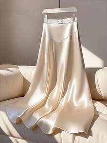 Franclia Falda acampanada de satén color champán con cintura estilizante, de talle alto para mujer, para primavera/verano - Beis - Ver 1