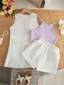 SHEIN Elladie kids 女童夏季三件套：无袖露脐上衣、直筒短裤和带腰带装饰的薄针织外套，休闲舒适 - 彩色 - 查看 3
