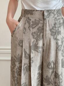 DAZY 女士休闲碎花褶裥阔腿裤，春夏款 - 灰色 - 查看 7