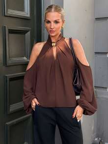 Women's Black Off-Shoulder Mandarin Collar Chiffon Blouse Brown Blouses Coffee Brown Top Dark Brown Top Brown Long Sleeve Top Chocolate Brown Top Open Shoulder Top Brown Tops For Women One Sleeve Top,Summer Top - Brown - View 3