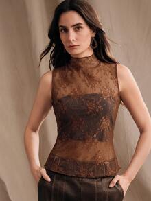 Anewsta 新款蕾丝透视无袖性感优雅修身女式衬衫，适合派对和假日穿着 - 巧克力棕 - 查看 1