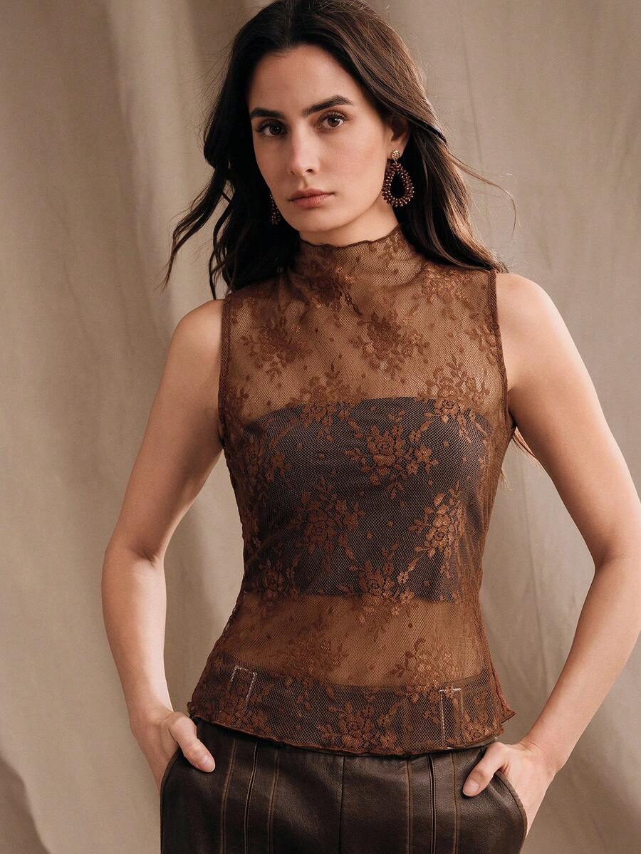 Anewsta 新款蕾丝透视无袖性感优雅修身女式衬衫，适合派对和假日穿着 - 巧克力棕 - 查看 1