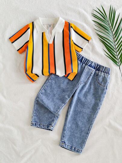SHEIN Vintaside Kids Toddler Boys' Casual Lapel Short Sleeve Top Paired With Fashionable Washed Denim Pants Set, Suitable For Daily Wear, Family Camping, Dining Or Shopping