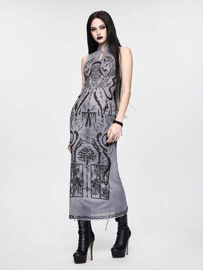 ROMWE Goth 暗黑学院风中国神话生物印花修身连衣裙