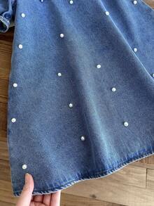 LMoss Kids Đầm ngắn tay bèo nhún 3D màu xanh denim đính ngọc trai trắng cho bé gái. - Rửa trung bình - Xem 7