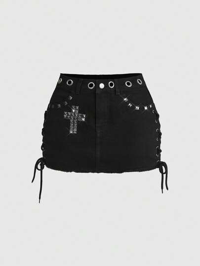 ROMWE Grunge Punk Women's Vintage Punk Rivet Cross Beaded Mini Low-Waist Denim Skirt