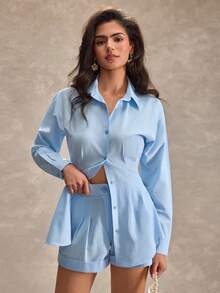 CLARA VERO Bộ áo sơ mi cài cúc phía trước và quần short cạp cao, dáng rộng, tay dài, đa năng, phù hợp mặc hàng ngày hoặc đi ăn trưa. Chất liệu polyester nhẹ, không co giãn, có đường viền gấu quần gập đôi gọn gàng. - Màu xanh lam - Xem 7