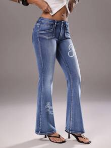 TRNVIE Women's Minimalist Print Low Waist Flare Leg Jeans - Blue - View 5