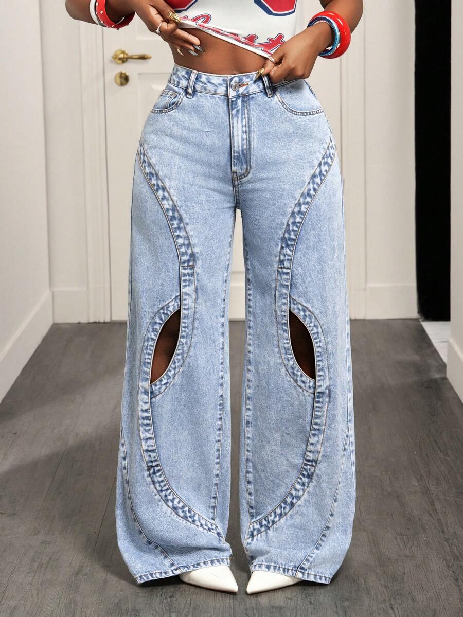 BamGleam Fashionable Casual Cutout Design Wide Leg Jeans For Women - Blue - View 1