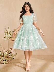 Teen Girl Floral Embroidered Mesh Square Neck Petal Sleeve Elegant Party Dress - Green - View 3