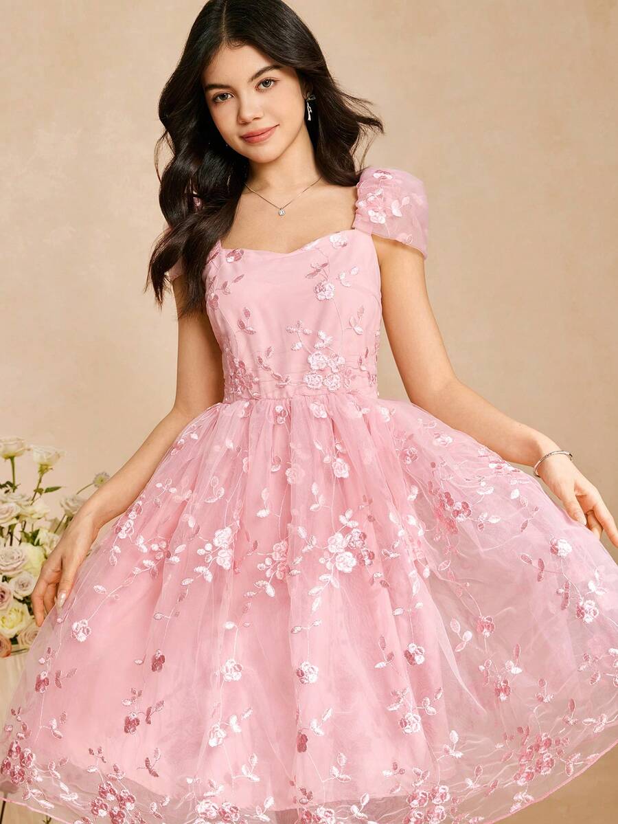 SHEIN Teen Girls' Embroidered Pink Elegant Short Sleeve Dress Pink Teen Tea Party Dress Pink Flower Embroidered Dress Belle Elegant Pink Teen Dress - Pink - View 1