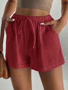 SHEIN Tall Quần short ống rộng màu trơn, có túi xoắn, kiểu dáng thường ngày, đa năng. - Màu Đỏ Sâu - Xem 6