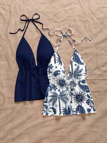 Soleia 2pcs Women Casual Backless Halter Sunflower & Coconut Tree Print Tie Front Camisole Set, Suitable For Summer, Beach, Chic, Travel, Matching Sister Outfits - Multicolor - View 3