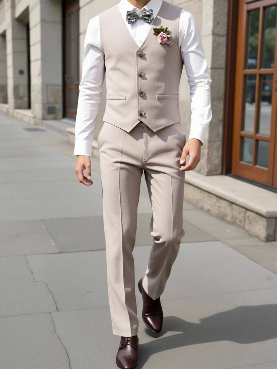 SHEIN Teen Boy 3-Piece Suit: Khaki Vest, Elastic Waist Pants, Bow Tie & Long Sleeve Shirt, Gentleman Style, Spring/Summer In Fall/Winter - Multicolor - View 1