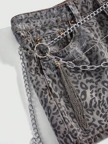 ROMWE Grunge Punk Plus Size Y2K Baddie Leopard Print Metallic Rhinestone Chain Mini Denim Skirt - Light Grey - View 3