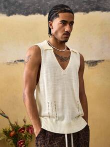 ROMWE MEN Street Life Men's V-Neck Minimalist Premium Knit Sweater Vest - Beige - View 4