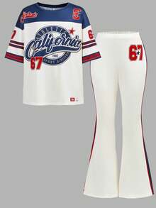 少女落肩印花针织T恤和喇叭裤两件套，休闲时尚，百搭，适合派对、郊游、姐妹合照、公园、露营、度假、日常休闲等场合。 - 白色 - 查看 9