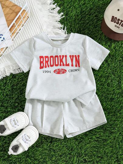 SHEIN 2pcs Baby Boys' Casual School Style Comfortable Fashion Minimalist Practical Soft Letter Graphic Short Sleeve T-Shirt And Contrast Color Shorts Set, Suitable For Daily Wear, School, Outings, Sports, Spring/Summer