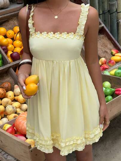 SHEIN SunnyBelle Women's Yellow Camisole Frill Trim Short Dress, Sweet & Cute Style, Suitable For Beach, Holiday, Romantic, Fashion, School, Spring/Summer