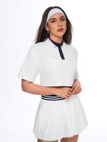 Gameset SHEIN Sport 女士白色短款Polo衫，短袖网球上衣，撞色藏蓝色和粉色条纹领，纽扣前襟，宽松版型，适合高尔夫、网球、日常运动穿着，女士高尔夫套装，女士网球裙套装，女士条纹Polo衫 - 白色 - 查看 4
