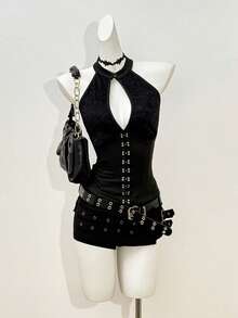 Jeanoix Women's Elastic Lace Patchwork Sleeveless Mandarin Collar Casual Top, Spring/Summer - Black - View 1