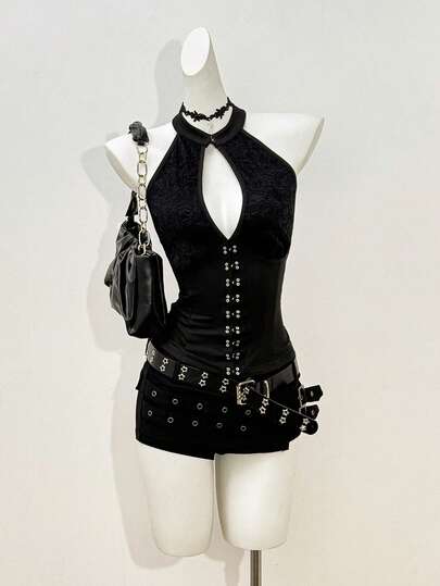 Jeanoix Women's Elastic Lace Patchwork Sleeveless Mandarin Collar Casual Top, Spring/Summer