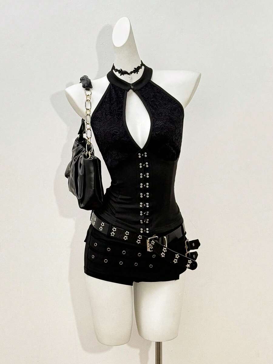 Jeanoix Women's Elastic Lace Patchwork Sleeveless Mandarin Collar Casual Top, Spring/Summer - Black - View 1