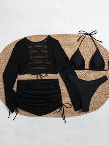 SHEIN Swim 女士夏季沙滩纯色吊带系带性感比基尼套装，含罩衫和罩裙 - 黑色 - 查看 6