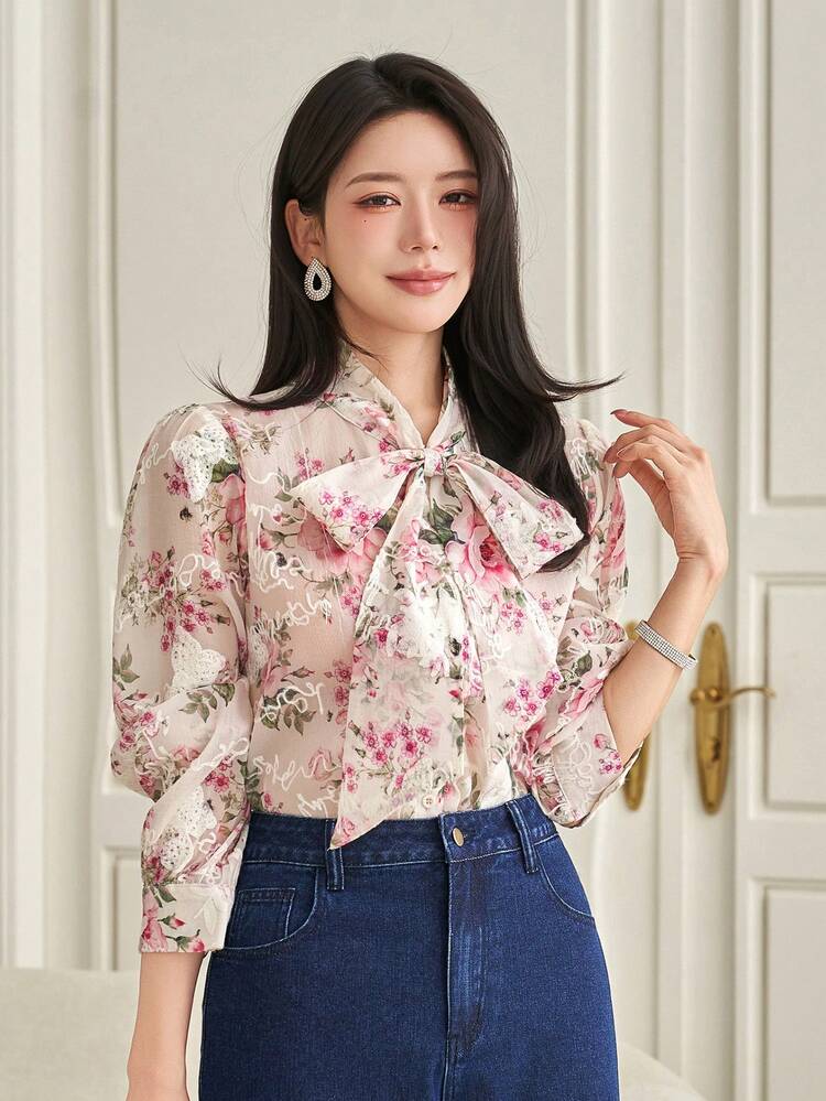 Elegant Floral Print Tie Collar Women's Blouse, Spring