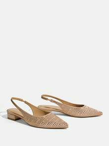 CUCCOO TILAWA Women Shoes Pointed Low Coarse Heel Apricot Full Diamond Fashion Gorgeous Banquet Party Women's Flat Shoes Back Strap Slingback Flat Women's Shoes - Apricot - View 4