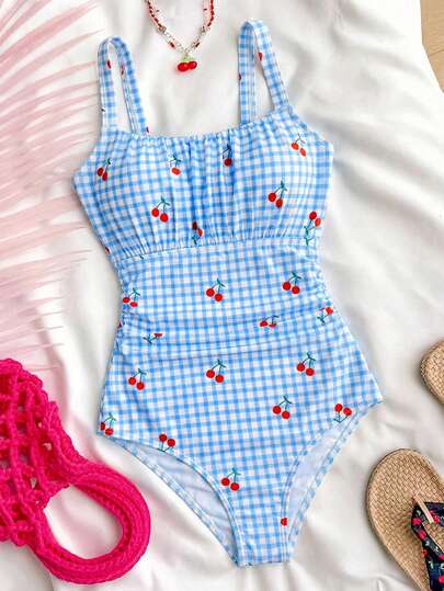 SHEIN Teen Girls Pink Sweet Plaid Cherry Print One-Piece Swimsuit Summer,Beach Outfit Bathing Suit Summer,Summer Beach